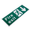 angled view of a white rigid plastic self adhesive fire exit sign showing a figure walking down stairs with arrow pointing down