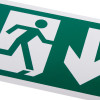 Close up of white rigid plastic self adhesive fire exit sign with person walking and arrow pointing down
