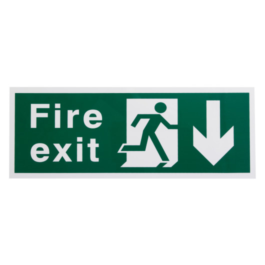 white rigid plastic self adhesive fire exit sign down showing front view with green background and white text and symbols