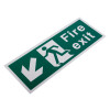 white rigid plastic self adhesive fire exit sign down left shown at an angled view