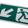 Close up of white rigid plastic self adhesive fire exit sign showing left down arrow and running figure on green background