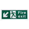 white rigid plastic self adhesive fire exit sign showing figure running and arrow pointing down left viewed from the front
