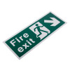 white rigid plastic self adhesive fire exit sign with down right arrow shown at an angle