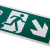 Close up of a white rigid plastic self adhesive fire exit sign showing a running figure and a down right arrow on green background