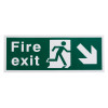 White rigid plastic self adhesive fire exit sign showing a person running and an arrow pointing down right on front side