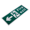 angled view of a white rigid plastic self adhesive fire exit sign with left arrow and running figure on green background