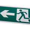 Close up of a white rigid plastic self adhesive fire exit sign showing a left arrow and running figure on green background