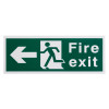 white rigid plastic self adhesive fire exit sign left showing a running figure and left arrow on green background front view