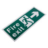 angled view of a white rigid plastic self adhesive fire exit sign pointing right with a walking figure and arrow