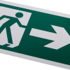 close up of white rigid plastic self adhesive fire exit sign with right pointing arrow on green background