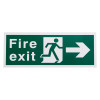 White rigid plastic self adhesive fire exit sign right shown from the front with running figure and arrow on green background