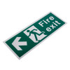 angled view of a white rigid plastic self adhesive fire exit sign showing left arrow and running figure