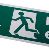 Close up of a white rigid plastic self adhesive fire exit sign showing a running figure and an arrow pointing up left