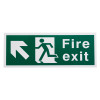 White rigid plastic self adhesive fire exit sign showing a figure running through a door with an arrow pointing up left on green background