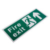 Angled view of a white rigid plastic self adhesive fire exit sign showing an arrow and person walking up stairs