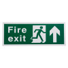 white rigid plastic self adhesive fire exit sign showing front with green background and white running figure and arrow pointing up