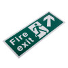 angled view of a white rigid plastic self adhesive fire exit sign showing a person walking up stairs with an upward arrow