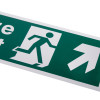 Close up of white rigid plastic self adhesive fire exit sign showing a running figure and arrow pointing up right
