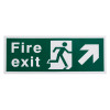 Front view of white rigid plastic self adhesive fire exit sign showing person walking through door with arrow pointing up right