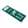 angled view of a fire exit sign eec directive self adhesive down showing running figure and arrow on green background