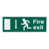 fire exit sign eec directive self adhesive down showing running figure and downward arrow on green background front view