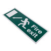 angled view of fire exit sign eec directive self adhesive down left with running figure and arrow pointing left