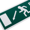 Close up of fire exit sign eec directive self adhesive down left showing running figure and arrow pointing down left