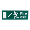 fire exit sign eec directive self adhesive showing running figure and arrow pointing down left on green background front view