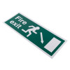 angled fire exit sign eec directive self adhesive showing a running figure and down right arrow on green background