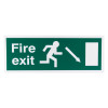 front view of fire exit sign eec directive self adhesive down right with white running figure and arrow on green background