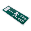 angled view of a fire exit sign eec directive self adhesive left showing a running figure and arrow pointing left