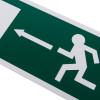 Close up of a fire exit sign eec directive self adhesive left showing a running figure and left arrow on green background