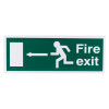 fire exit sign eec directive self adhesive left showing a running figure pointing left with door on green background front view
