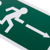 Close up of a fire exit sign eec directive self adhesive right showing a running figure and arrow on a green background