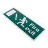 Angled view of fire exit sign eec directive self adhesive up left with running figure and arrow on green background