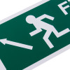 Close up of fire exit sign eec directive self adhesive up left showing a running figure and left arrow on green background
