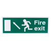 fire exit sign eec directive self adhesive up left showing an arrow and running figure on green background front view