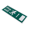 angled fire exit sign eec directive self adhesive up with white running figure and arrow on green background
