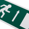 Close up of fire exit sign eec directive self adhesive up showing green background with a running figure and upward arrow