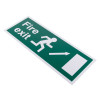 angled view of fire exit sign eec directive self adhesive up right showing running figure and arrow on green background