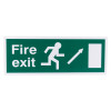 Front view of fire exit sign eec directive self adhesive up right showing running figure and arrow on green background