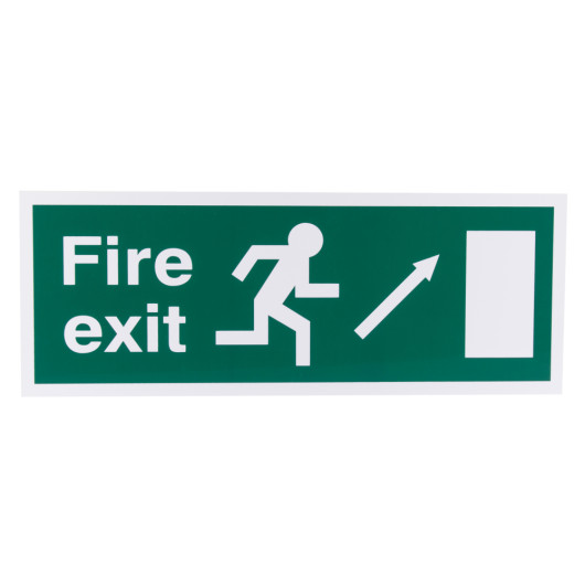 Front view of fire exit sign eec directive self adhesive up right showing running figure and arrow on green background