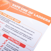 safe use of ladders poster angled with safety tips and warnings about correct and incorrect ladder use