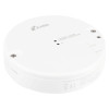 A white circular Kidde smoke alarm with two indicator lights, AC marking, mounting screw holes, and a small release compartment.