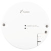 A white circular Kidde smoke alarm with two mounting screws, labelled status lights, and a battery release compartment.