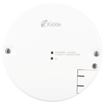 A white circular Kidde smoke alarm with two mounting screws, labelled status lights, and a battery release compartment.