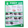 workplace first aid poster front showing basic first aid steps for burns bleeding and CPR with illustrative photos