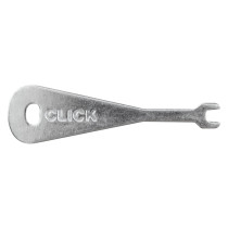 Front view of the elksk emergency lighting test key showing its metallic body with the word CLICK embossed