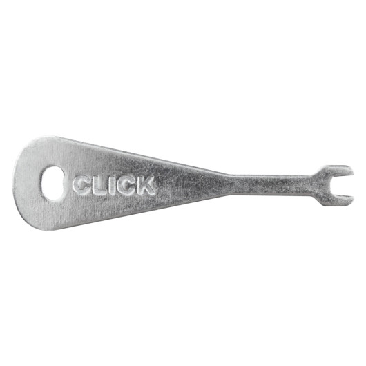 Front view of the elksk emergency lighting test key showing its metallic body with the word CLICK embossed