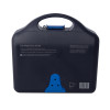 Back view of the aura3 eye wash station showing black plastic casing with blue latch and printed text on surface
